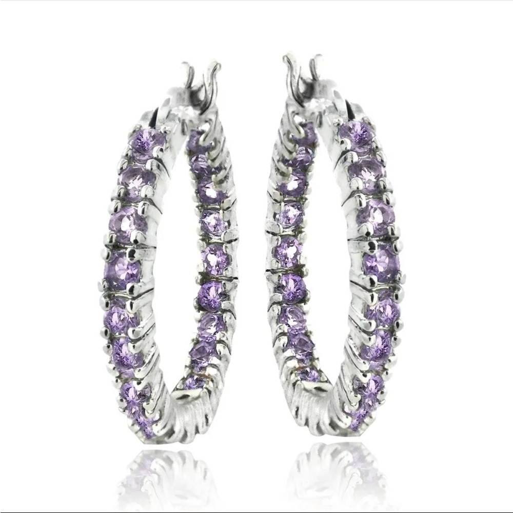 Amethyst Hoops Pierced Ear Latch Back Silver Earrings